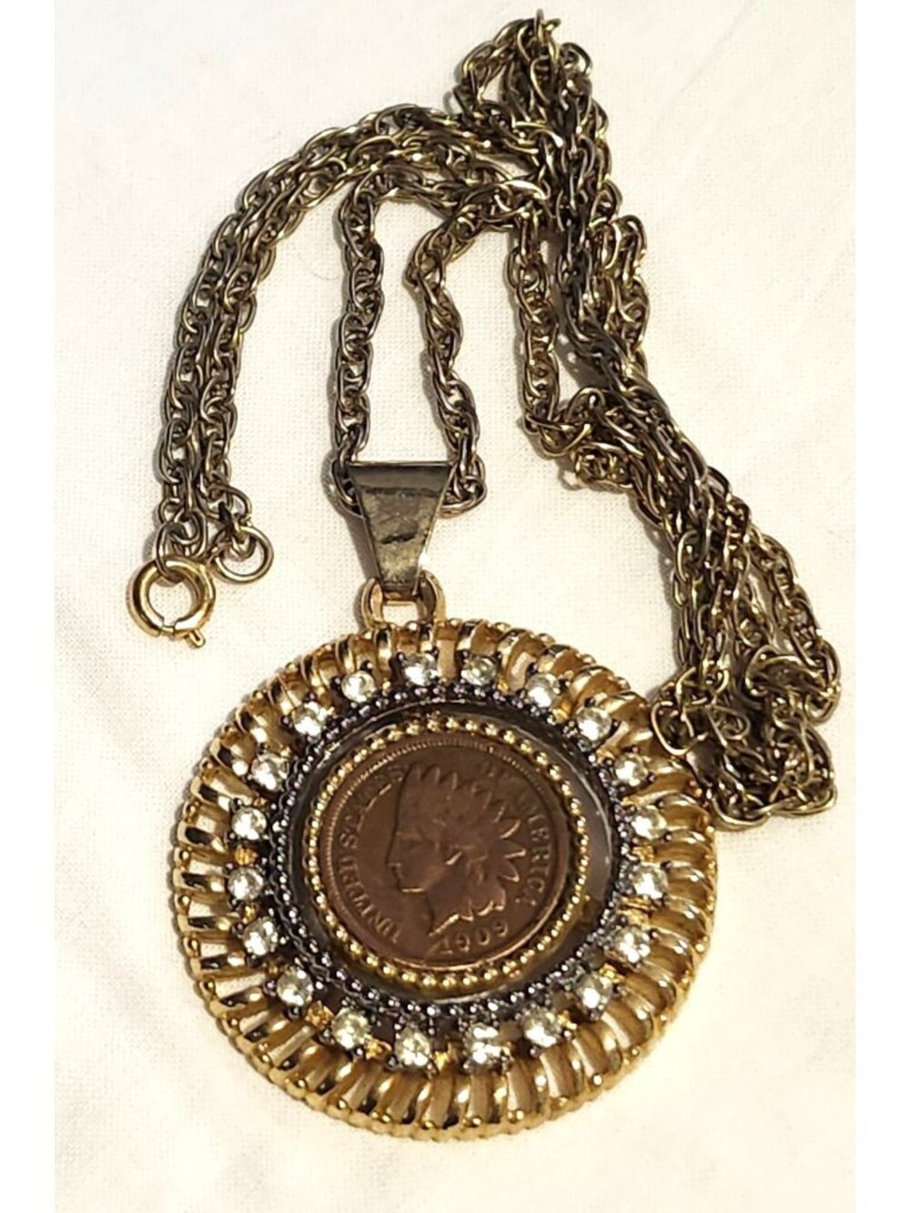 Vintage Indian Head Penny Pendant Necklace Gold Tone Rhinestone Accents